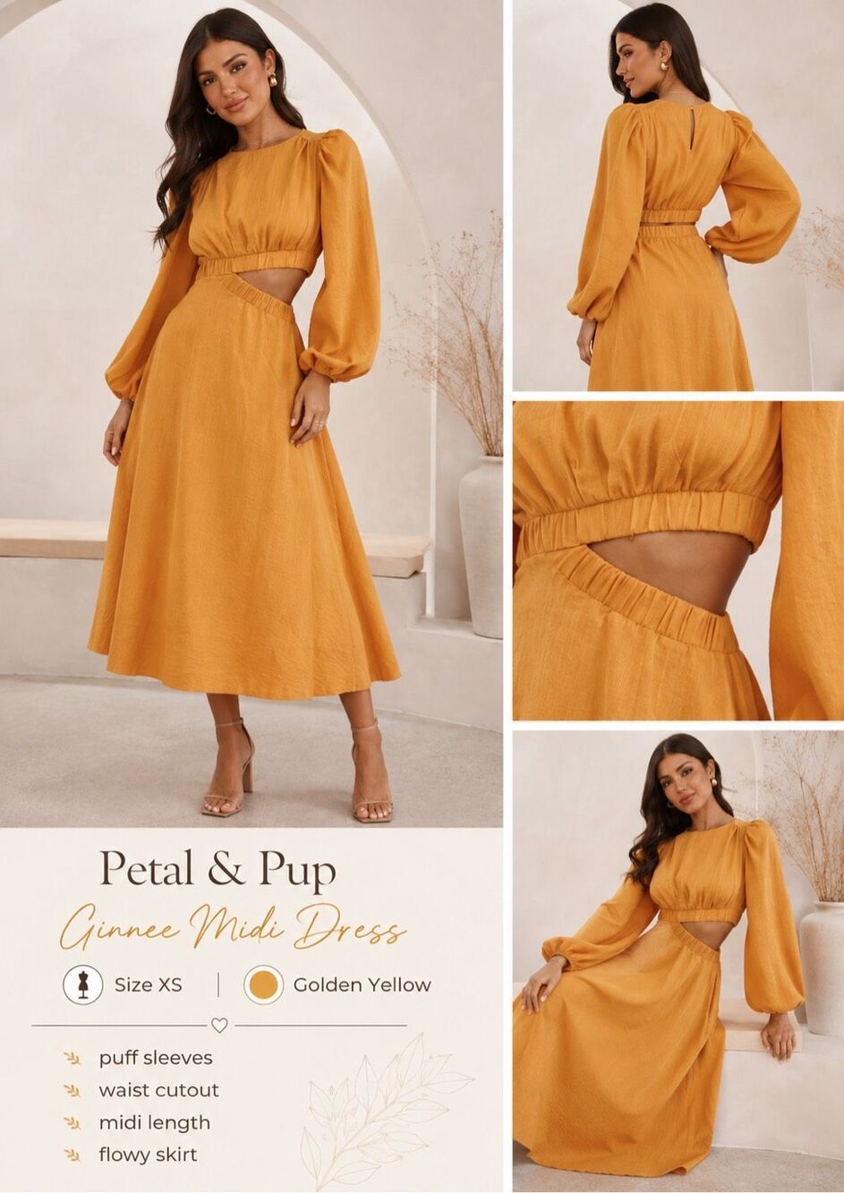 Petal & Pup Ginnee Puff Sleeve Cutout Long Sleeve Midi Dress Size XSmall DXS1